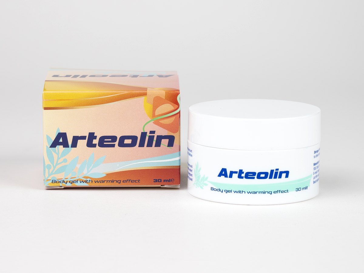 Az Arteolin 30 ml-es fehér tégelye mentazöld címkével és a barackszínű doboz